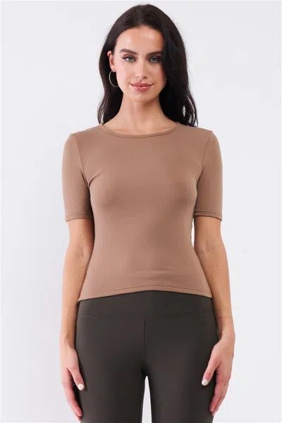 Fashnzfab Light Ribbed Crew Neck Short Sleeve Basic Tee In Brown