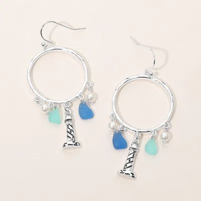 Fashnzfab Lighthouse Sea Glass Charm Drop Open Ring Dangle Earrings In Blue