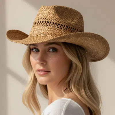Fashnzfab Lightweight Breathable Decorative Pattern Raffia Woven Summer Fedora Sun Hat In Gold