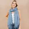 Fashnzfab Lightweight Crinkled Embroidered Edge Scarf / Shawl Poncho In Blue