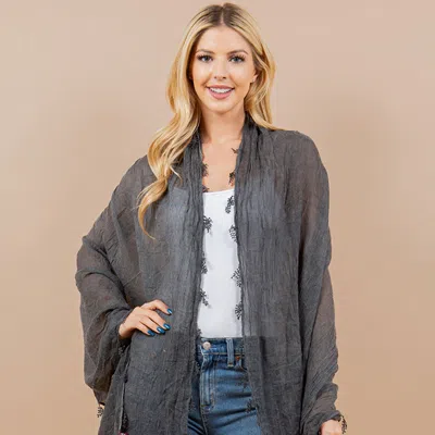 Fashnzfab Lightweight Crinkled Embroidered Edge Scarf / Shawl Poncho In Multi