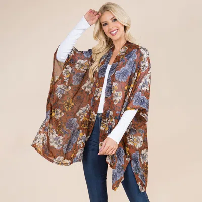 Fashnzfab Lightweight Open Front Floral Print Kimono Poncho In Brown