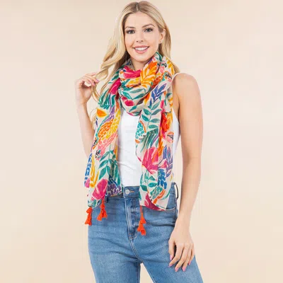 Fashnzfab Lightweight Vibrant Tropical Leaf Floral Tassel Scarf In Pink