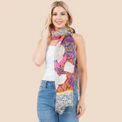 Fashnzfab Lightweight Vibrant Tropical Leaf Floral Tassel Scarf In Purple