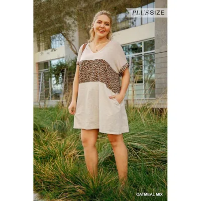 Fashnzfab Linen Blend Short Folded Sleeve Animal Print Colorblocked V-neck Dress With Pockets In White