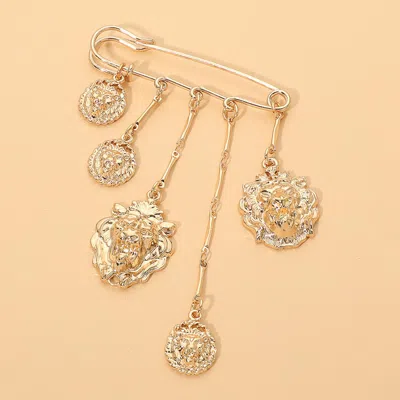 Fashnzfab Lion Medallion Drop Safety Pin Brooch In Gold