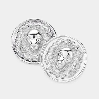 Fashnzfab Lion Metal Round Stud Earrings - Rhodium In Silver