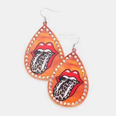 Fashnzfab Lip Print Stone Trim Metal Teardrop Earrings In Orange
