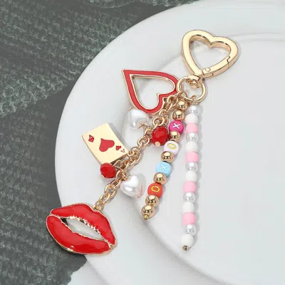 Fashnzfab Lips Charm Drop Heart Charm Embellished Beaded Tassel Keychain Bag Charm In Multi