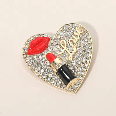 Fashnzfab Lips Lipstick Love Rhinestone Pave Heart Pin Brooch In Gold