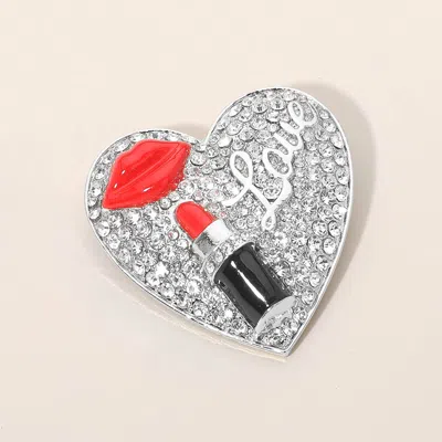 Fashnzfab Lips Lipstick Love Rhinestone Pave Heart Pin Brooch In Silver