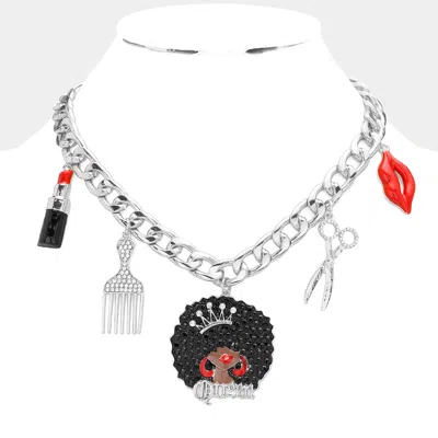 Fashnzfab Lipstick Comb Afro Girl Scissors Lips Pendant Station Necklace In Metallic