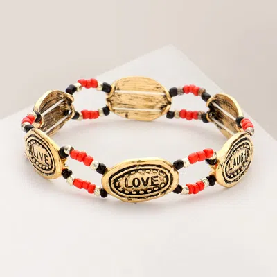 Fashnzfab Live Laugh Love Message Pendant Accented Beads Stretch Bracelet Coral In Pink