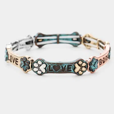 Fashnzfab Live Love Bark Paw Burnished Metal Stretch Bracelet Patina Verdigris, Three Tone In Multi