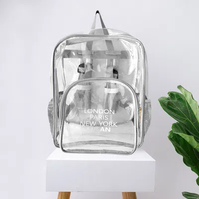 Fashnzfab London Paris New York Milan City Name Printed Transparent Backpack Bag In Silver