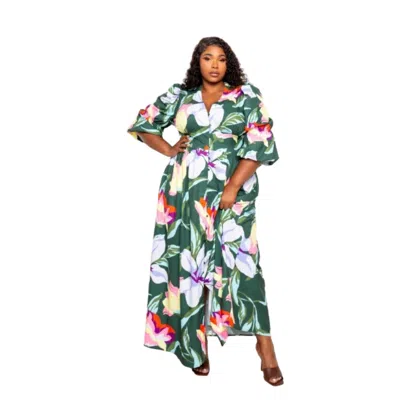 Fashnzfab Long Dress With Front Button In Green