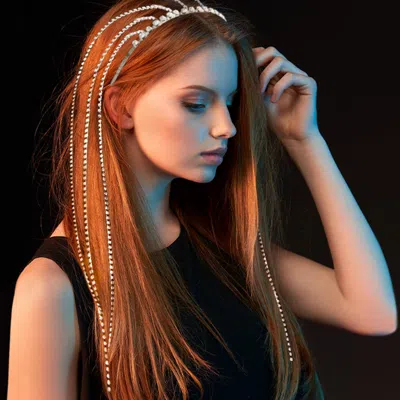 Fashnzfab Long Dropped Rhinestone Head Chain / Headband In Metallic