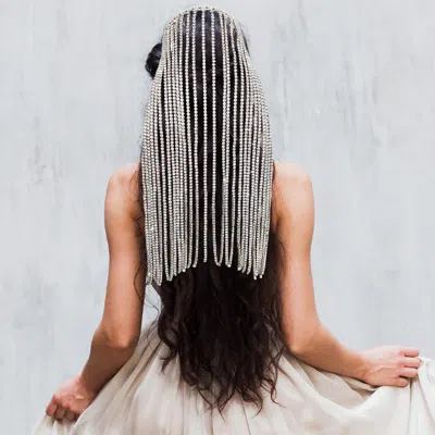 Fashnzfab Long Dropped Stone Fringe Head Chain / Headband In Silver