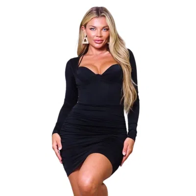Fashnzfab Long Sleeve Corset Halter Tie Mini Dress In Black