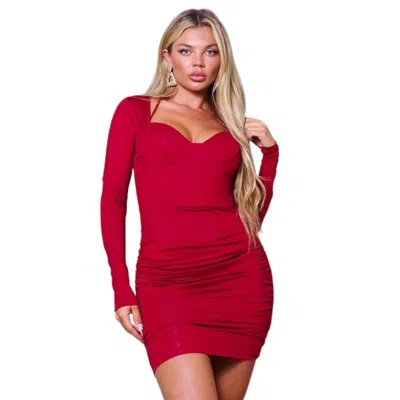 Fashnzfab Long Sleeve Corset Halter Tie Mini Dress In Red