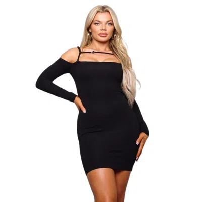 Fashnzfab Long Sleeve Cuff Front Strap Mini Dress In Black