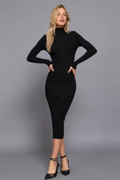 Fashnzfab Long Sleeve High Neck Sweater Long Dress In Black