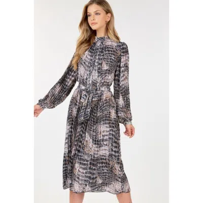 Fashnzfab Long Sleeve Pleated Snake Skin Print Midi Dress In Multi