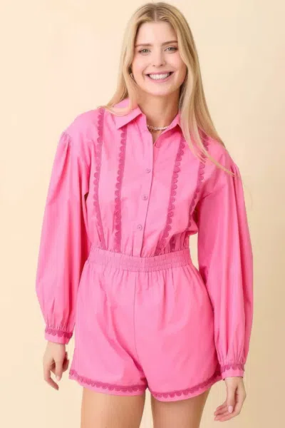 Fashnzfab Long Sleeve Romper With Contrasting Scallop Lace
