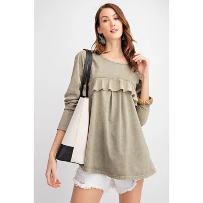 Fashnzfab Long Sleeve Ruffled Detailing Oil Washed Knit Tunic In Grey