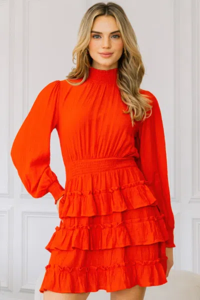 Fashnzfab Long Sleeve Smocked Neck Tiered Ruffle Mini Dress In Red