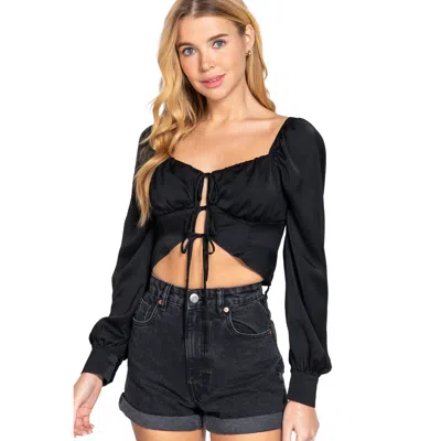 Fashnzfab Long Sleeve Sweetheart Neck Front Ribbon Tie Detail Woven Top In Black