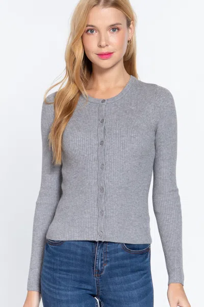 Fashnzfab Long Slv Crew Neck Basic Cardigan In Grey