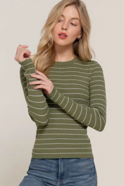 Fashnzfab Long Slv Crew Neck Stripe Sweater In Green