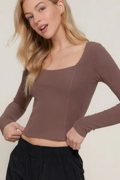 Fashnzfab Long Slv Sweetheart Neck Seam Detail Knit Top In Brown
