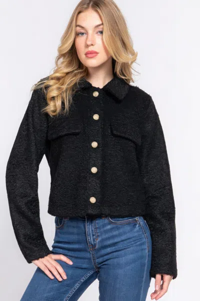 Fashnzfab Long Slv Teddy Fleece Short Jacket In Black