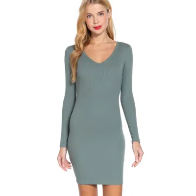 Fashnzfab Long Slv V-neck Mini Rib Dress In Green