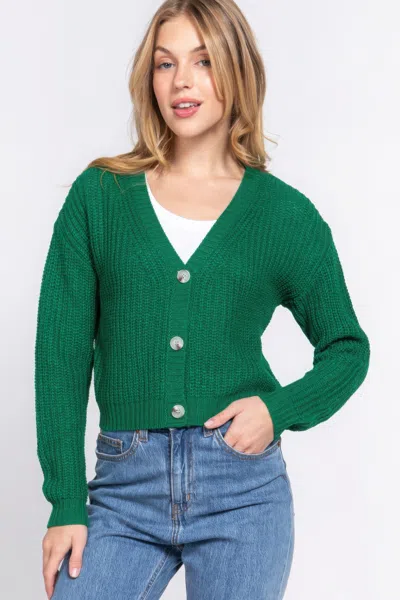 Fashnzfab Long Slv V-neck Sweater Cardigan In Green