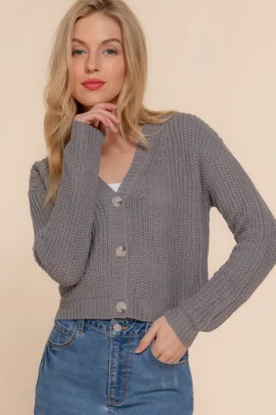 Fashnzfab Long Slv V-neck Sweater Cardigan In Grey