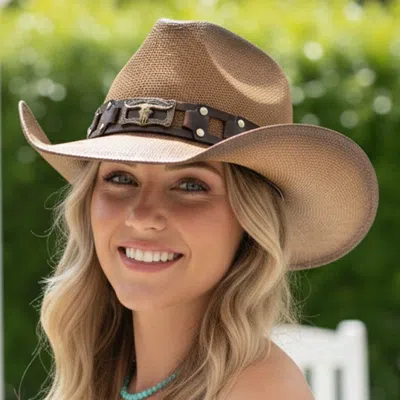 Fashnzfab Longhorn Steer Head Buckle Accent Rugged Studded Band Western Straw Cowboy Hat In Brown
