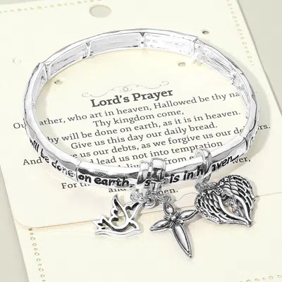 Fashnzfab Lords Prayer Message Dove Cross Angel Wing Charm Stretch Bracelet In Metallic