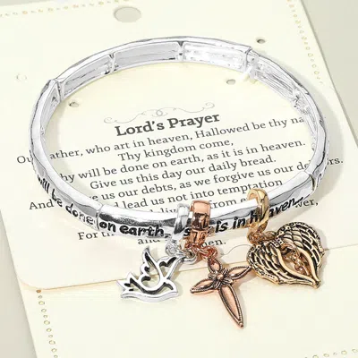 Fashnzfab Lords Prayer Message Dove Cross Angel Wing Charm Stretch Bracelet In Silver