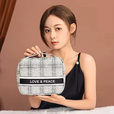 Fashnzfab Love & Peace Message Tweed Cosmetic Pouch Bag In White