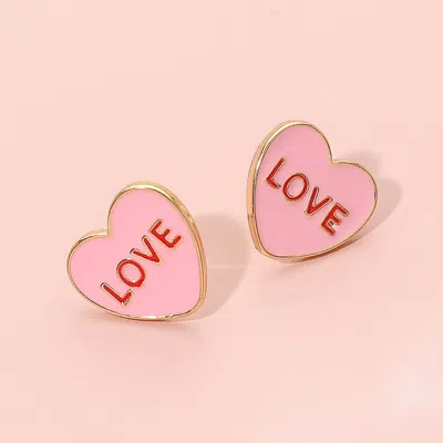 Fashnzfab Love Enamel Heart Stud Earrings In Pink