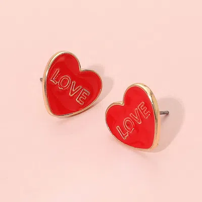 Fashnzfab Love Enamel Heart Stud Earrings In Red