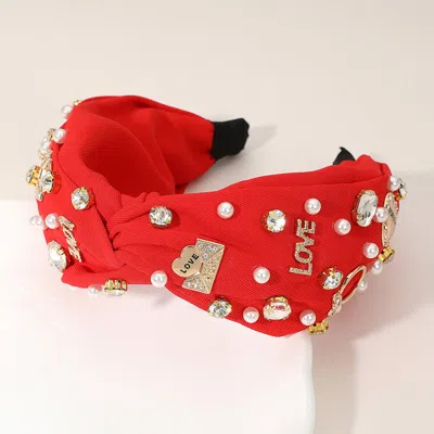Fashnzfab Love Message Pearl Heart Stone Cluster Embellished Knot Headband In Gold