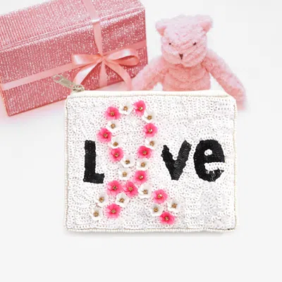 Fashnzfab Love Message Sequin Flower Pink Ribbon Mini Pouch Bag