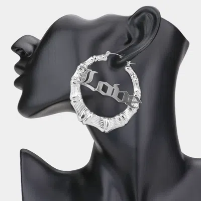 Fashnzfab Love Metal Bamboo Hoop Message Pin Catch Earrings - Rhodium In Silver