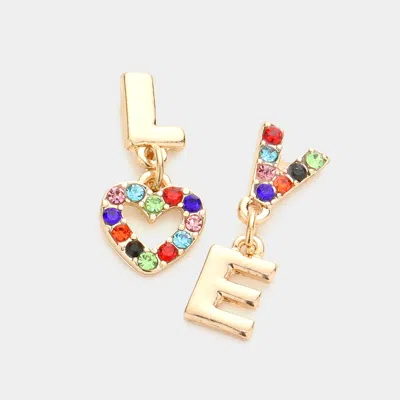 Fashnzfab Love Rhinestone Embellished Message Mismatched Dangle Earrings In Gold