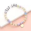 Fashnzfab Love You Message Pearl Heishi Beaded Metal Disc Plate Charm Stretch Bracelet Gold, Multi In Multi