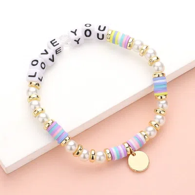 Fashnzfab Love You Message Pearl Heishi Beaded Metal Disc Plate Charm Stretch Bracelet Gold, Multi